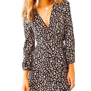 Nic & Jo Black Tan Cheetah Print Self Tie Wrap Around LS Casual Dress M